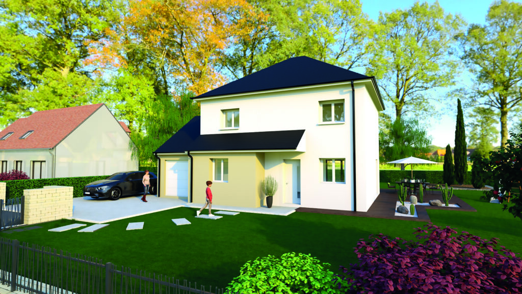 Plan 3D d'une maison de 107m2 proposée par MAISONS CAEN Construction en investissement locatif.