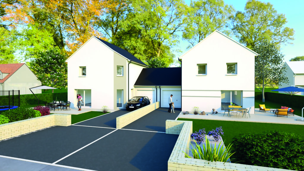 Plan 3D de deux maisons proposées par MAISONS CAEN Construction en investissement locatif.