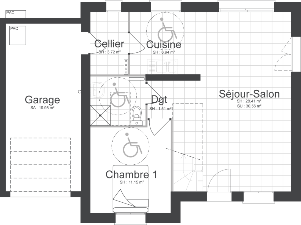 Plan détaillé du rez-de-chaussée d’une maison locative conçue par Maisons Caen Construction. Disposition des pièces avec chambre, salle de bain et espace de vie.