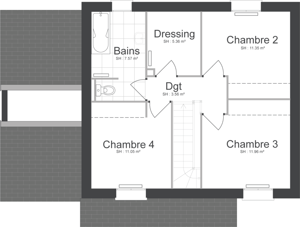 Plan de l’étage d’une maison locative réalisée par Maisons Caen Construction. Répartition des chambres et salle de bain pour un aménagement optimisé.