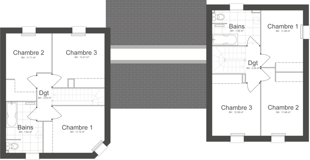 Plan de l’étage d’un projet immobilier locatif conçu par Maisons Caen Construction. Répartition des chambres et pièces de service pour un confort optimal.