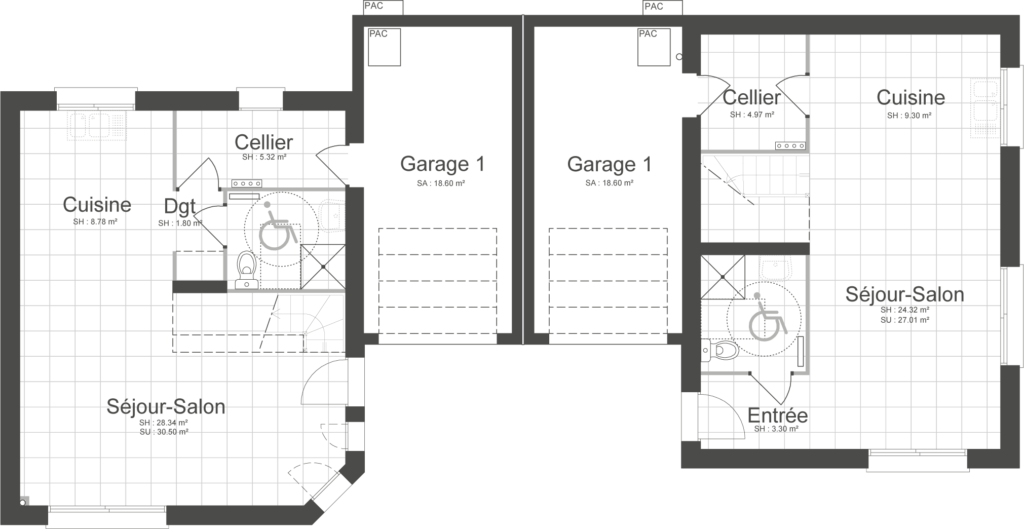 Plan architectural du rez-de-chaussée d’une maison bi-familiale, projet locatif conçu par Maisons Caen Construction. Agencement des espaces de vie et sanitaires.