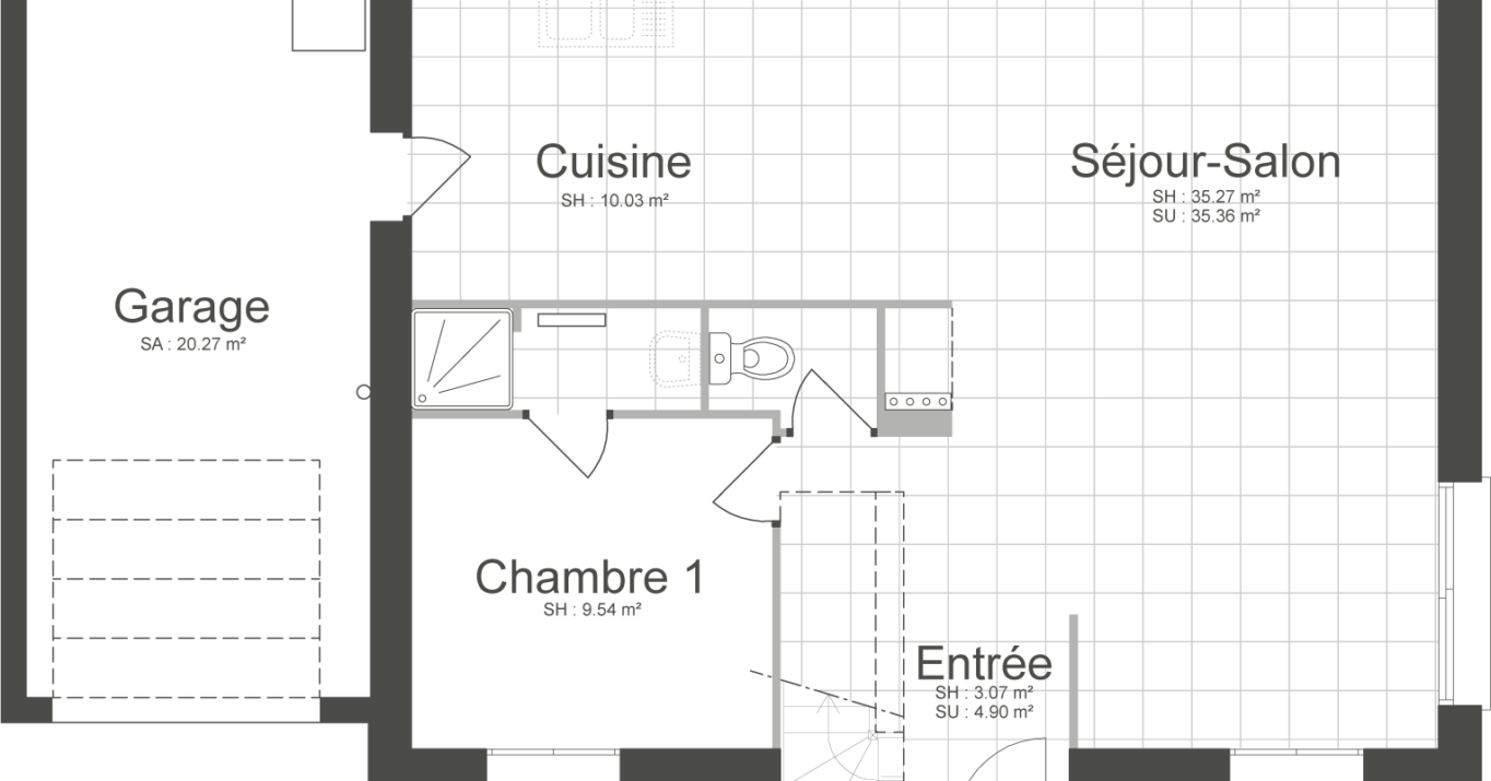 Plan détaillé du rez-de-chaussée d’une maison individuelle personnalisée. Organisation des pièces de vie et espace de rangement.