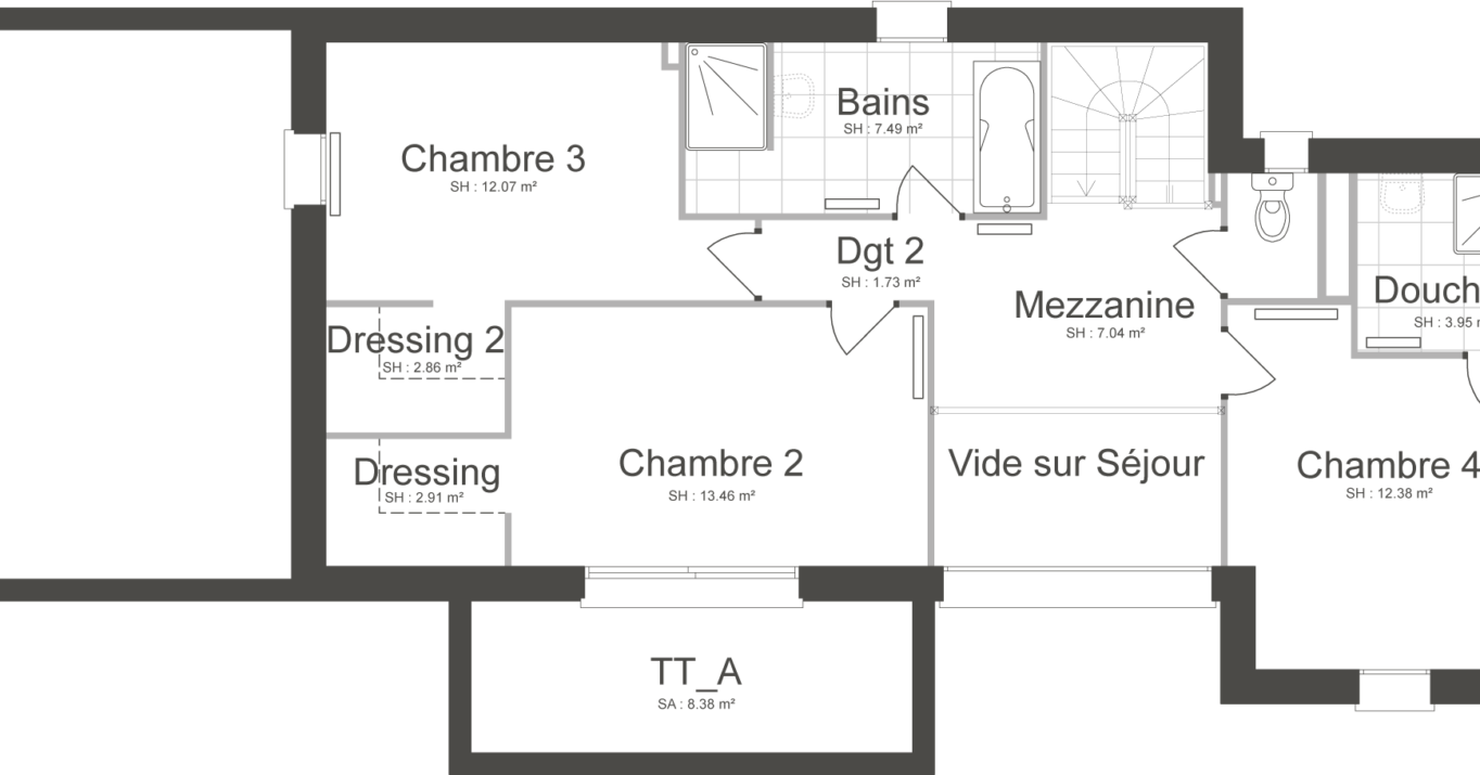 Plan de l’étage d’une maison contemporaine personnalisée. Disposition des chambres, salle de bain et espace de vie optimisé.