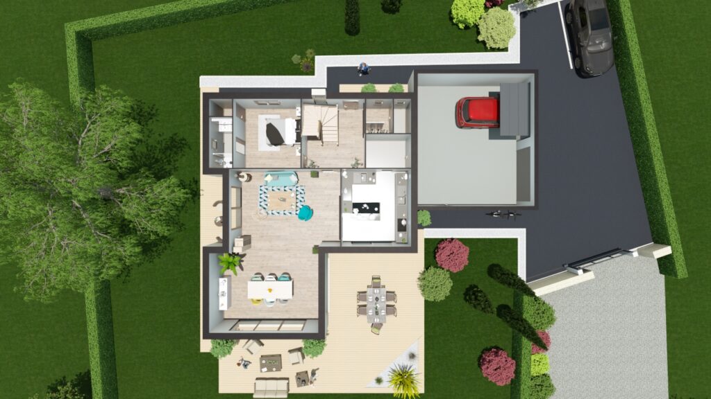 Plan 3D vue du ciel d'une maison rez-de-chaussez