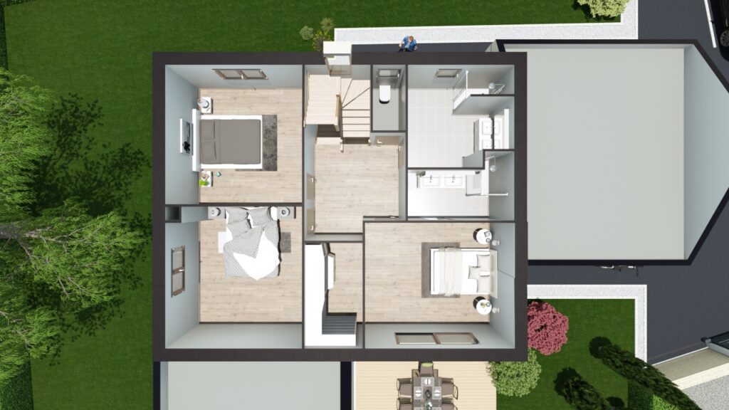 Plan 3D vue du ciel de l'étage d'une maison