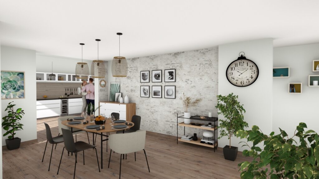 Simulation 3D d'un salon aménagé.