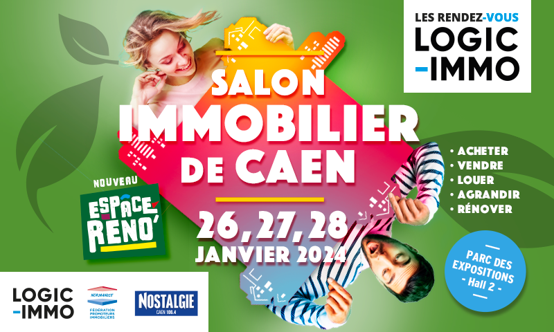 Affiche pour annoncer les salon de l'immobilier à Caen en janvier 2024.