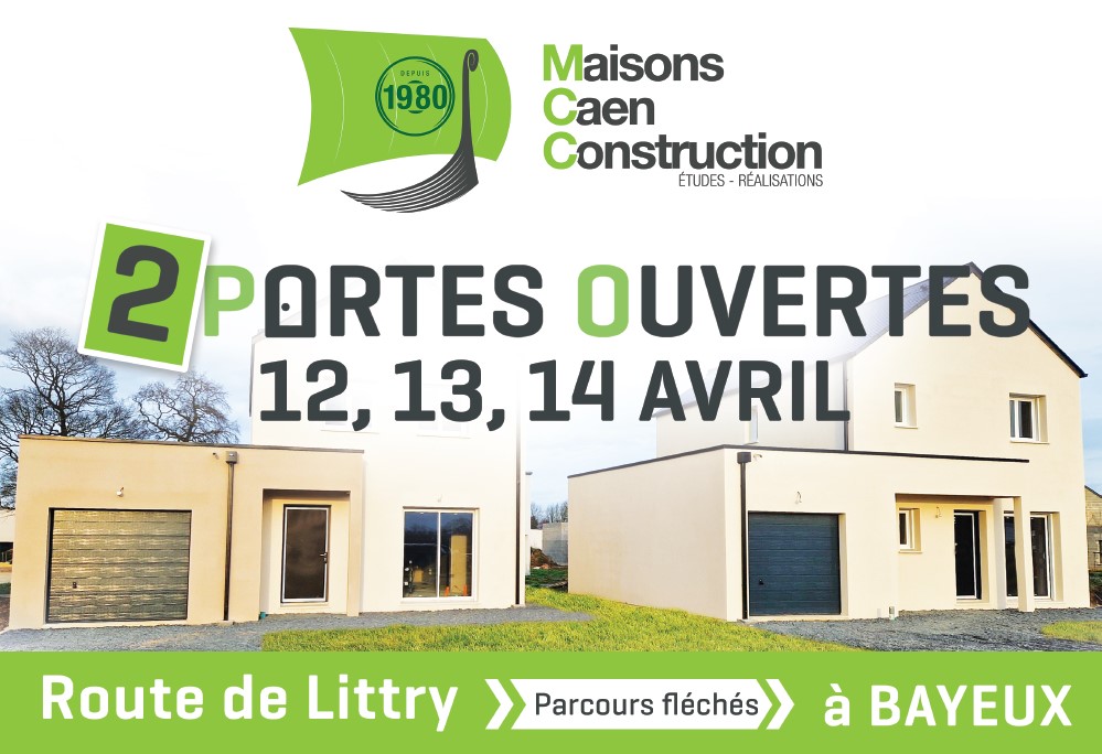 Visuel annonçant les portes ouvertes MCC à Bayeux les 12, 13 et 14 avril 2024, route de Littry, parcours fléchés.