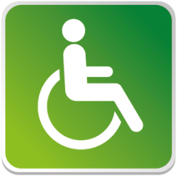 Pictogramme accessibilité PMR représentant une personne en fauteuil roulant sur un fond vert. Symbole officiel utilisé pour indiquer les espaces et équipements adaptés aux personnes à mobilité réduite.
