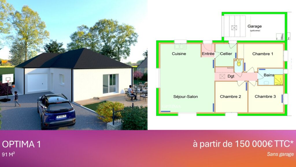 Maison individuelle Optima 1 de 91 m², plain-pied avec toiture quatre pans et jardin paysagé. Plan détaillé incluant un séjour-salon lumineux, une cuisine ouverte, un cellier, trois chambres, une salle de bain et un garage optionnel. Prix à partir de 150 000 € TTC sans garage.