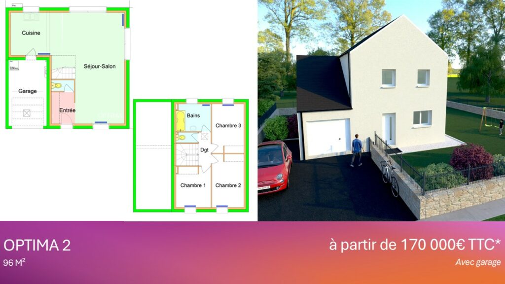 Maison individuelle Optima 2 de 96 m² avec garage, architecture moderne avec toiture en pente et jardin clôturé. Plan détaillé incluant un rez-de-chaussée avec un séjour-salon spacieux, une cuisine ouverte, une entrée et un garage. À l’étage, trois chambres, une salle de bain et un dégagement. Prix à partir de 170 000 € TTC avec garage.