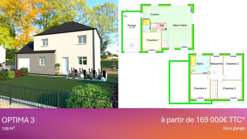 Maison individuelle Optima 3 de 108 m², architecture moderne avec toiture à deux pans et jardin clôturé. Plan détaillé avec un rez-de-chaussée comprenant un séjour-salon spacieux, une cuisine ouverte, une chambre et un garage optionnel. À l’étage, trois chambres, une mezzanine et une salle de bain. Prix à partir de 169 000 € TTC sans garage.