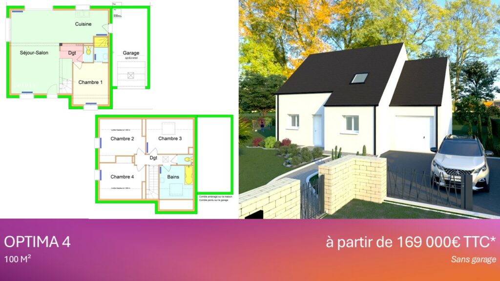 Maison individuelle Optima 4 de 100 m², design moderne avec toiture en pente et jardin clôturé. Plan détaillé avec un rez-de-chaussée comprenant un séjour-salon lumineux, une cuisine ouverte, une chambre et un garage optionnel. À l’étage, trois chambres supplémentaires, une salle de bain et un dégagement. Prix à partir de 169 000 € TTC sans garage.