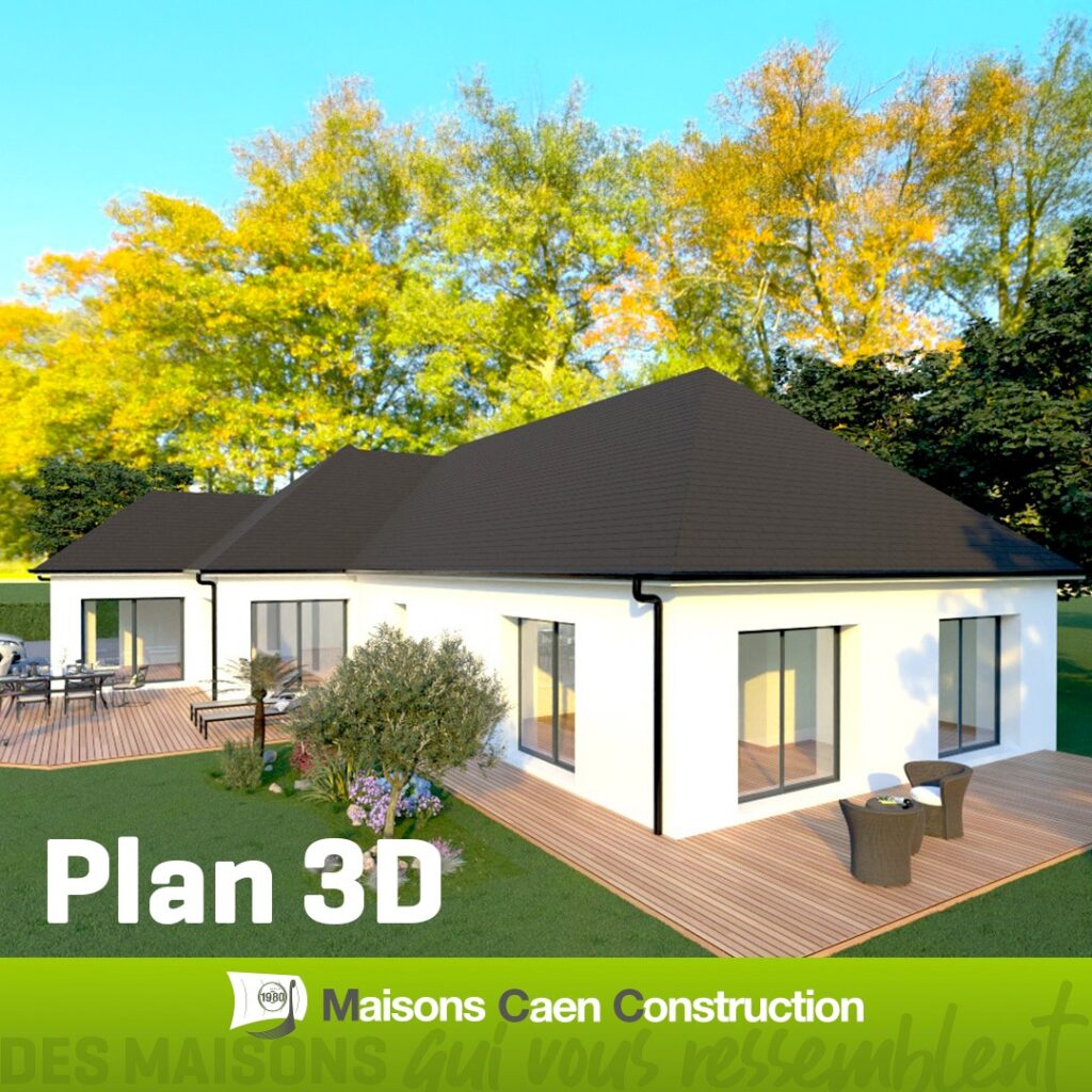 Vue 3D d’un projet de maison individuelle de 168 m², planifiée par Maisons Caen Construction